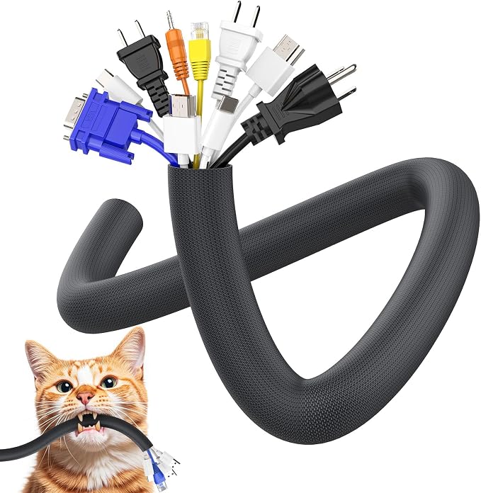 UOMTFAI Cord Protector from Pets No Chew 1” 10ft Cable Sleeve Black | Wire Protector, Cord Sleeve, Cord Management for HDMI, Charging Cable, USB