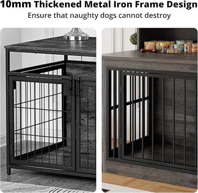 IRONCK 43.3" Extra Large Dog Crate Furniture with Storage Shelf | 10mm iron rods. Storage shelf and 4 hooks. 200 lb tabletop. 30"L x 43.3"W x 41.1"H indoor large crate