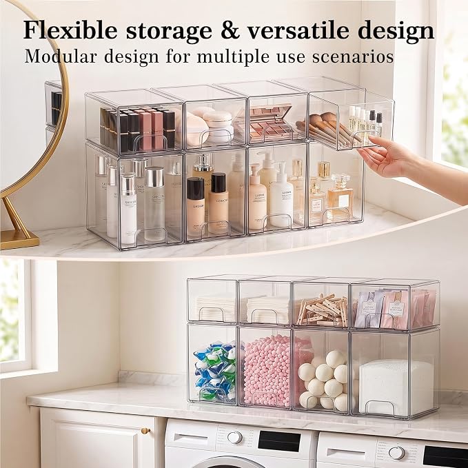 Clear Stackable Storage Drawers: Acrylic Organizer Bins 8 Pack | for Baby Bottle makeup Ideal for Countertop, Vanity, Station, Bathroom, Kichen Cabinet Pantry Organization