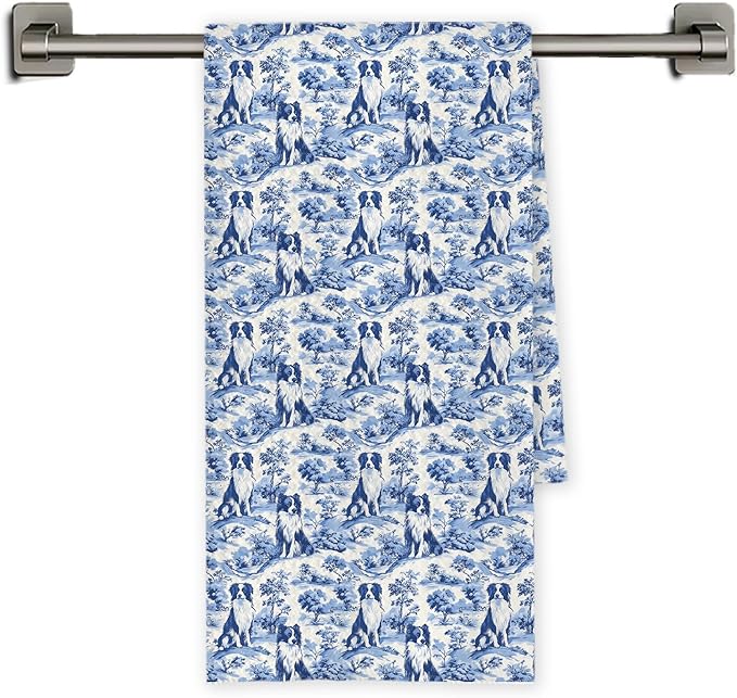 Chicimln Chinoiserie Border Collie Kitchen Towels, Border Collie Gifts Decorative Hand Towels for Bathroom, Blue and White Dog Dish Tea Towel Drying Cloth for Kitchen Decor, 16x24 Inch