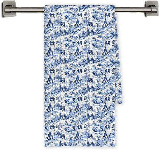 Chicimln Chinoiserie Border Collie Kitchen Towels, Border Collie Gifts Decorative Hand Towels for Bathroom, Blue and White Dog Dish Tea Towel Drying Cloth for Kitchen Decor, 16x24 Inch