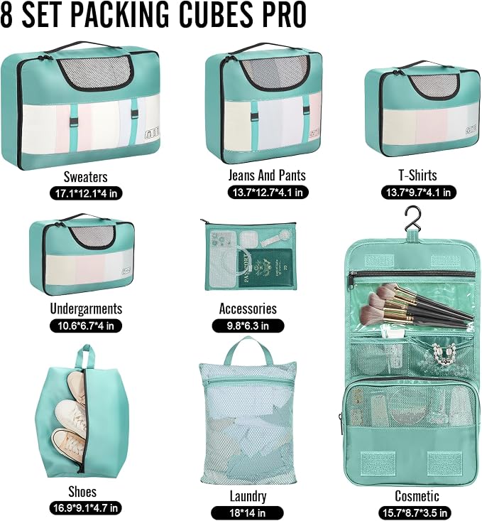 Veken 8 Set Packing Cubes for Travel Essentials, Suitcase Organizer Bags in 4 Sizes, Carry-On Luggage Accessories with Laundry Bag, Airplane Must Have with 99-Count Mesh Holes