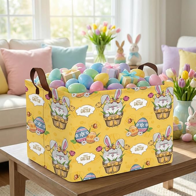 Large Cute Easter Basket for Kid Empty Gift Baby Rectangle Storage Bin Bunny Eggs Boy＆Girl Room Décor (Tulip Rabbit Yellow)
