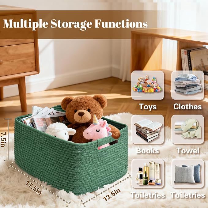 3 Pack Large Storage Basket for Organizing, 17.5"x13"x7" Woven Basket for Shelves, Closet Cube Storage Bins with Wrapped Handle, Cotton Rope Baskets for Kitchen, Clothes, Toys(Green)