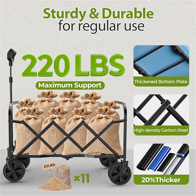 Small Collapsible Wagon Cart, Lightweight Portable Foldable Wagon with Wheels, 220lbs Utility Cart for Grocery, Light Camping, Sports, Easy to Fold & Store (Blue)