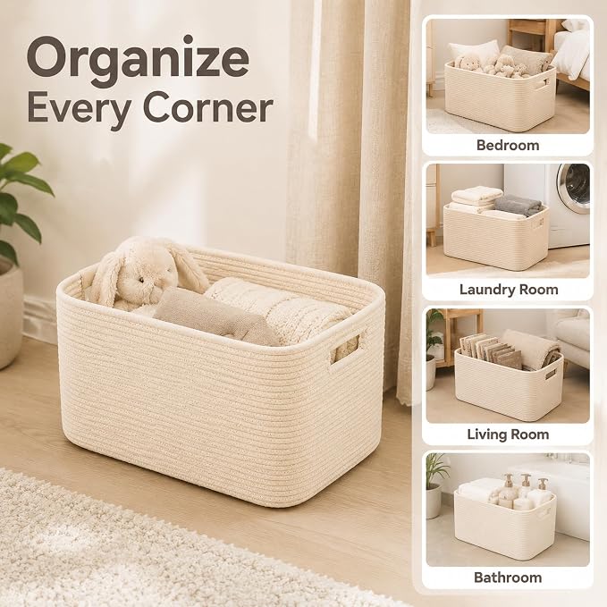 15.4GAL Woven Laundry Basket for Kids, Cute Boho Square storage basket for Living Room Decor, Baby Girls Boys Toys Stuffed Animal Decorative Short Hamper for Dirty Clothes, Bath Towel,Shoes Beige