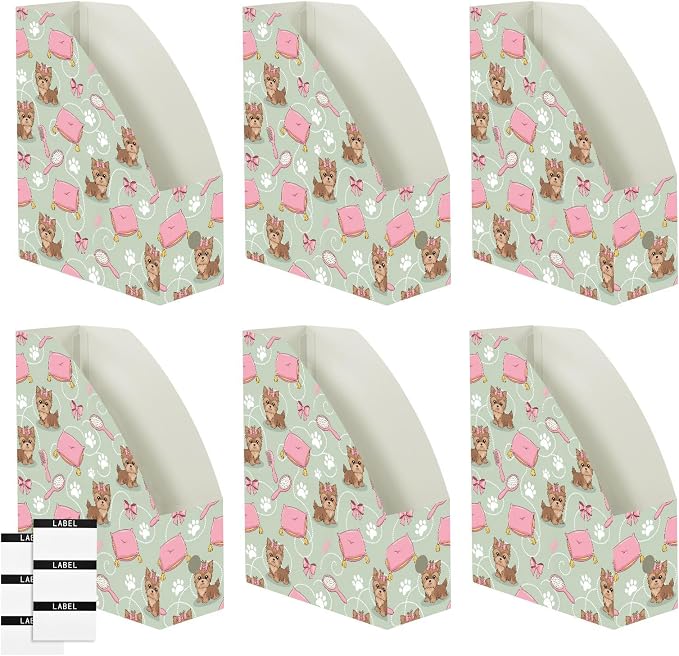 SPRIPORT Pet Dog Bow Green Print Water Repellent PP Magazine File Holder Organizer for Desk, Foldable Storage Rack for Library Office School Document Sorter with Labels 23x30x10cm (3 Pack)