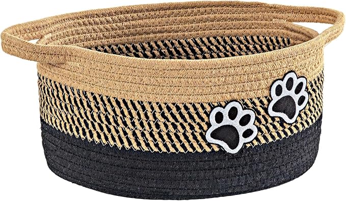 Small Woven Cotton Rope Nursery Organizer Bins, Dog Toy Basket Bins with Handle, Cute Empty Pet Gift Storage Baskets with Paw