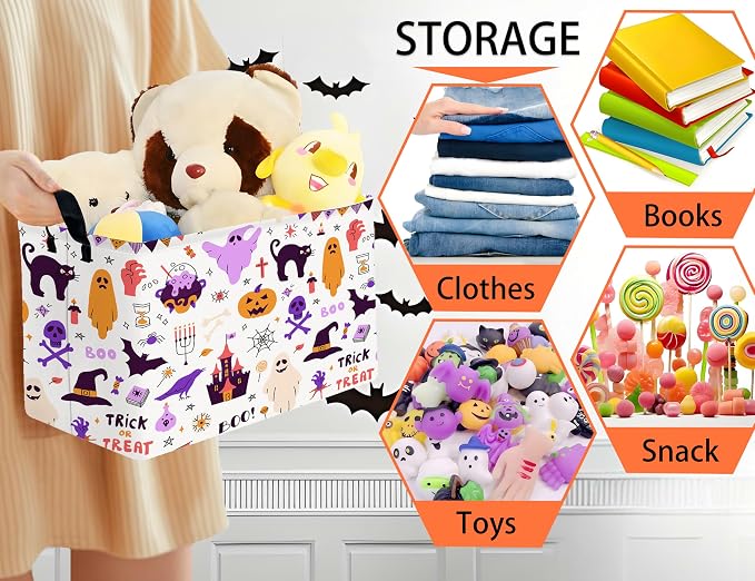 Large Halloween Themed Candy Gift Boo Basket for Kids Baby Personalized Adults Storage Bin Fall Decor(Purple Skull Castle Cat Spooky)