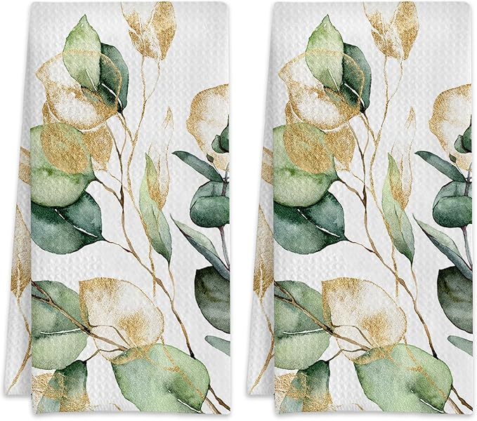 Watercolor Gold Eucalyptus Sage Hand Towels,Set of 2 Absorbent Bath Towel Kitchen Dish Towel Home Gym Hotel Bathroom Decor,16x24 Inches