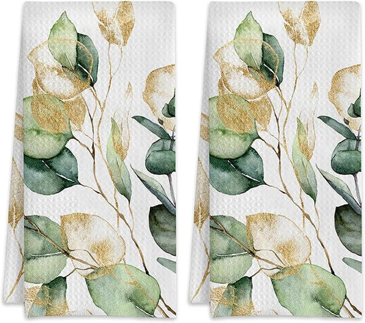 Watercolor Gold Eucalyptus Sage Hand Towels,Set of 2 Absorbent Bath Towel Kitchen Dish Towel Home Gym Hotel Bathroom Decor,16x24 Inches