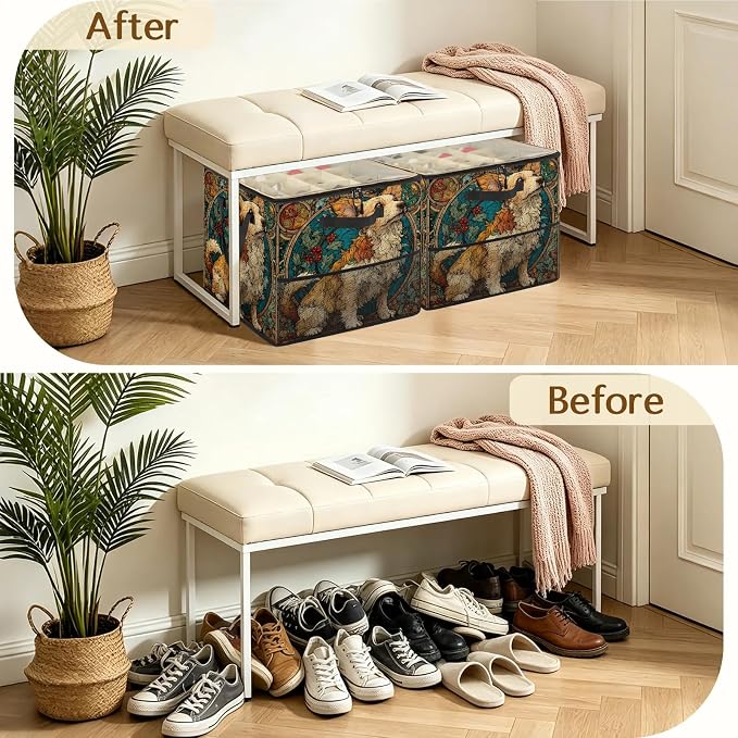 TropicalLife Funny Dog Strained Glass Shoe Organizer for Closet | Foldable Shoe Storage Box Bin 16-32 Pair Shoe Storage for Sneakers, Boots & Heels with Adjustable Dividers, Clear Cover