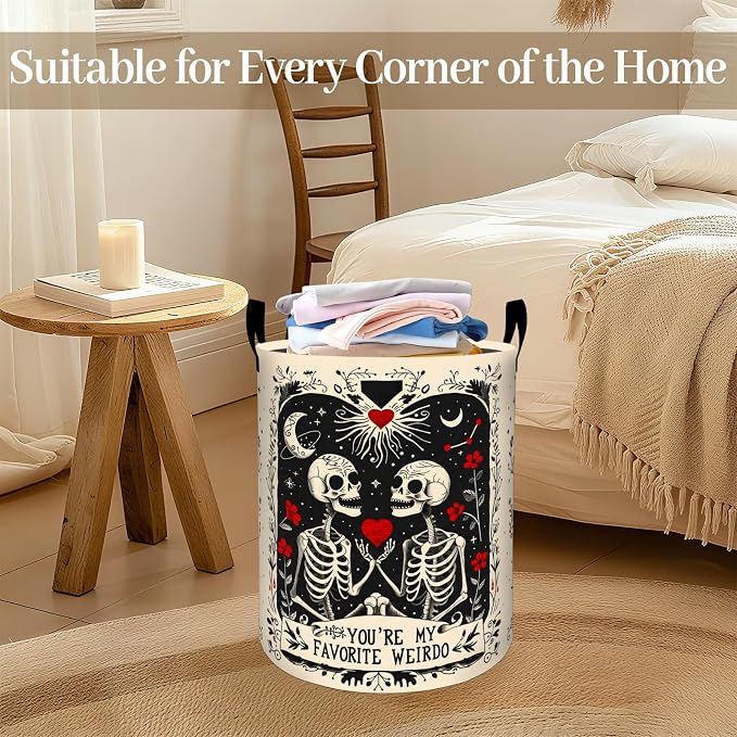 Gothic Skull Laundry Basket, Skeleton Couple Foldable Oxford Cloth, Waterproof Dirty Clothes Hamper with Handles, Clothing Storage Bin Toy Organizer for Bedroom Dorm Bathroom, 19.7"x15.7"