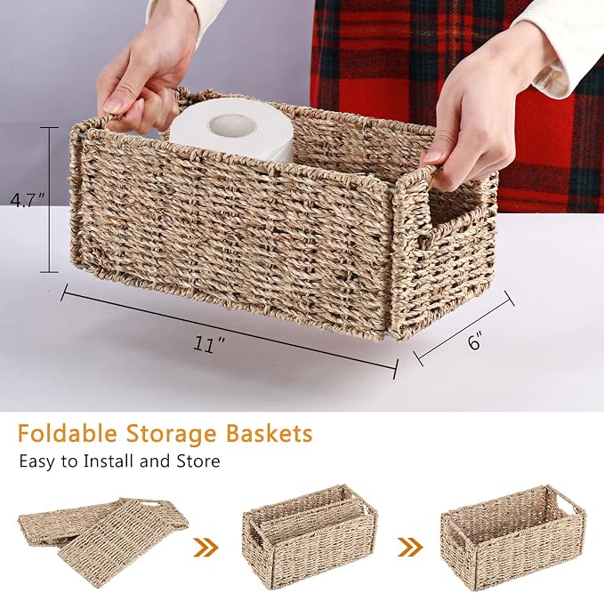 Wicker Storage Basket, Set of 2 Hand-Woven Storage Baskets for Organizing, Small Wicker Basket for Toilet Paper, Foldable Large Cube Storage Organizer Basket Bins for Shelves (Sea Grass)