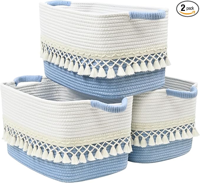 2 Pack Storage Basket, Heavy Tassel Woven Baskets for Storage, Boho Cotton Rope Storage Bin, Cube Organizer Bins, Baby Laundry Basket for Clothes, Toys, Diapers, Pets（White & Blue）
