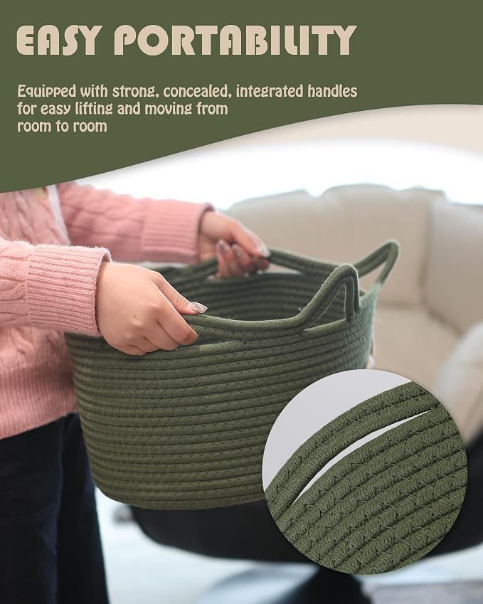 Sea Team Dog Toy Storage Basket with Handles and Ears, Green Woof | Large Cotton Rope Storage Bin, Shelf Basket, Organizer for Pet Chew Toys, Foods, 16.5 x 11 x 7 Inches, 4.4 Gallons