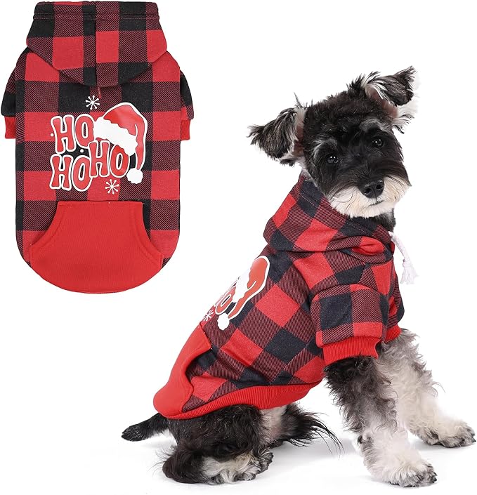 KOOLTAIL Christmas Dog Hoodie, Red Plaid Pet Sweater, Hat Hooded Sweatshirt Dog Clothes for Small Medium Large Dogs Boys Girls, Soft Warm Winter Cold Weather Coat with Leash Hole&Pocket, Santa, S
