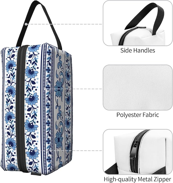 Blue & White Aesthetic Makeup Bag - Durable 600D Oxford Fabric Travel Cosmetic Bag, Shockproof Foam Padded Toiletry Organizer for Gym & Daily Use 10x6.2x4.9 Inch