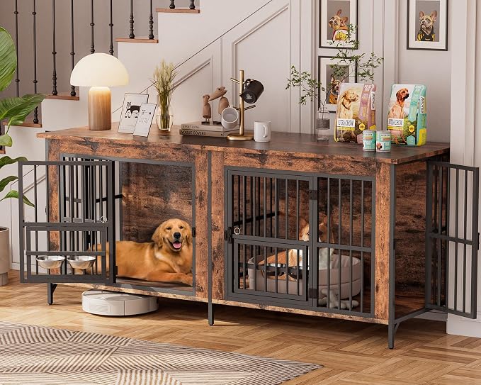 79'' Double Dog Crate Furniture for 2 Dogs, Wooden Dog Kennel with Removable Divider, XXL Dog House Indoor with Rotating Bowl Holders, Heavy Duty Dog Crate TV Stand (78.7"L x 27.6"W x 33.5"H)
