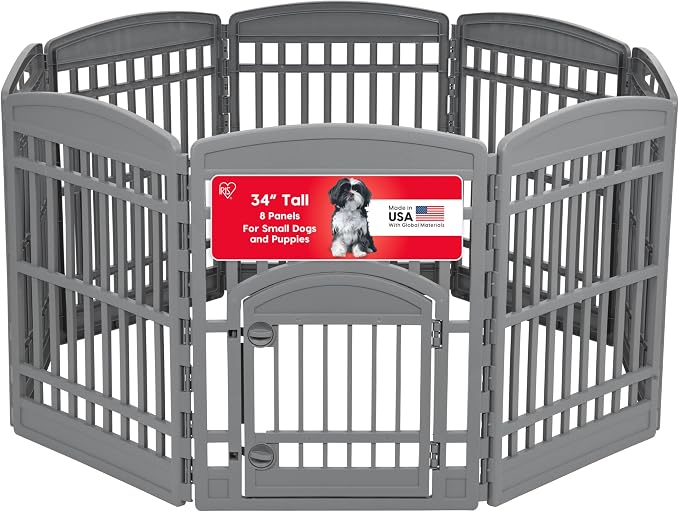 IRIS USA 8-Panel Dog Playpen, Pet Enclosure, Gray | Safe Play Zone, Configurable Layout, Custom Pen Configuration, Multi-Shape Setup, Stable Non-Tip Base, Secure Door Latch