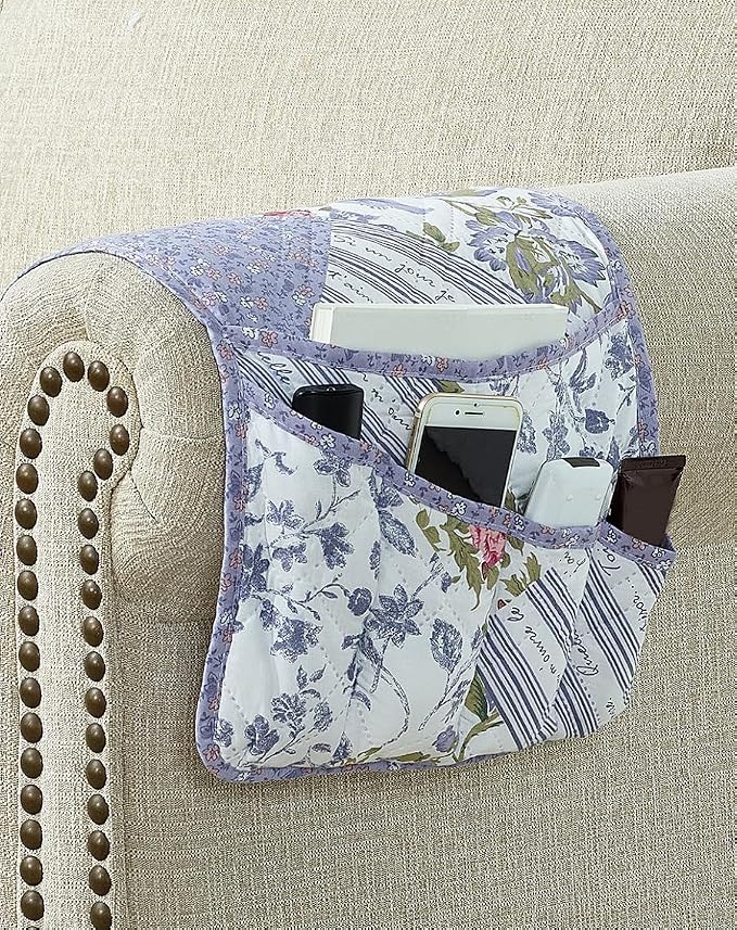 Brilliant Sunshine Rose Violet Patchwork Couch Armrest Cover, 35"×13" | Washable Magazine Holder, Armrest Organizer & Caddy on Sofa, Recliner, Armchair, Storage for Remote Controls, Phone, iPad