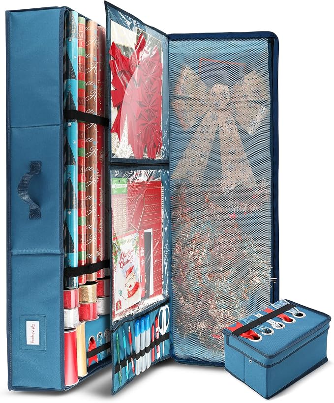 Hearth & Harbor Wrapping Paper Storage Container - Christmas Storage Bag with Ribbon Dispenser and Interior Pockets - Gift Wrap Organizer Fits Up to 26 Rolls of 40" Length, Blue