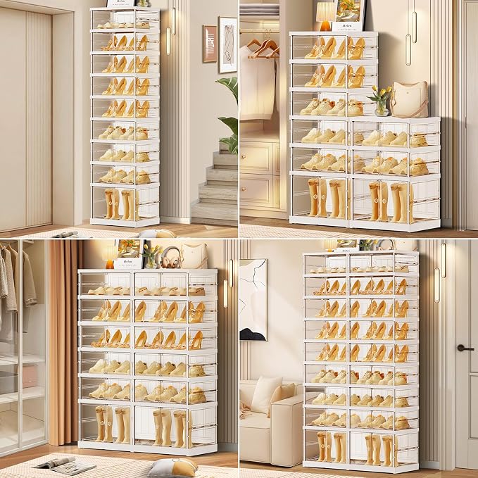 CIMLORD 6-Tier Foldable Shoe Rack, Magnetic Clear Doors, 12 Pairs, White | Collapsible Narrow Plastic Shoe Cabinet, Stackable, Lidded, Tool-Free Assembly, Fits Boots & Sneakers, Closet & Entryway