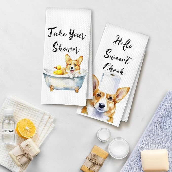 Funny Corgi Dog Hand Towels for Bathroom Washroom, Gifts for Corgi Lovers Women Men, Dog Bathroom Decor, 16x24 Inch Set of 4