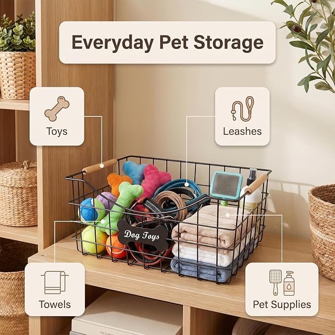 Dog Toy Basket, Metal Dog Toy Bin with Wooden Handles | Sturdy Wire Pet Storage Basket Organizer for Dog Toys, Leashes, Treats, Blankets and Grooming Supplies-14 x 9.4 x 6.6 in