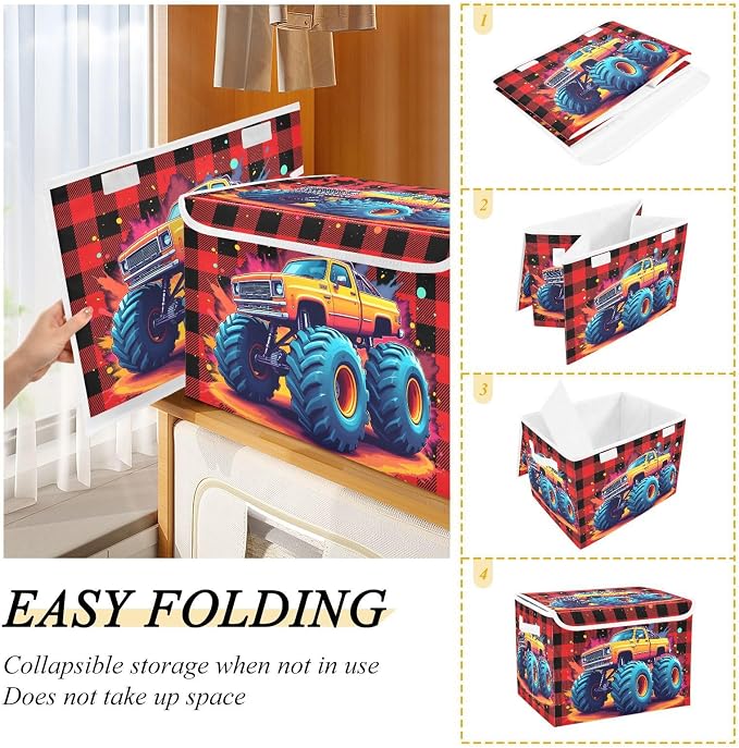 Spatter Trunk Fabric Storage Bins with Lid Closet Storage Basket 40L | Decorative Storage Boxes, Dust-Proof Flip Top, Reinforced Handles, For Home & Bedroom, Clothes & Toy Box, Trunk Fabric Print
