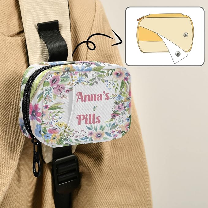 Custom Pill Box 7 Day Pill Case Bag Watercolor Flower Personalized Name Travel Pill Organizer Bag with Zipper Portable Weekly Case Compact Size for Vitamin Supplement Holder