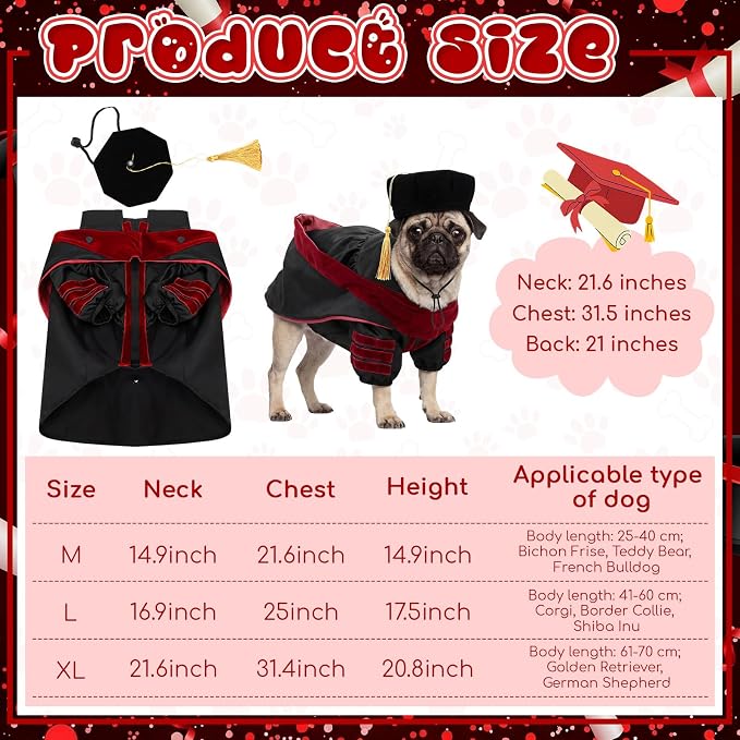 Huhumy 3 Pcs Dog Cat Graduation Doctoral Costume Set, 2026 Pet Phd Graduation Cap and Deluxe Doctoral Gown with Hood Side Tam Puppy Kitty Dogs Grad Holiday Party Costume Accessory(Red,M)