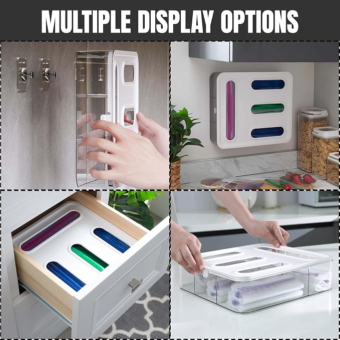 4 IN 1 Food Storge Bag Organizer for Kitchen Drawer, 4-Slot, Wall Mountable | Compatible with Sandwich, Snack, Gallon & Slider Bags, with Locking Lid Design Food Storage Bag Holder, Space saving