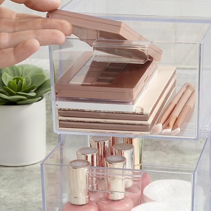 STORi Audrey Stackable Clear Bin Plastic Organizer Drawers | 2 Piece Set | Organize Cosmetics and Beauty Supplies on a Vanity | Made in USA (Pack of 3)