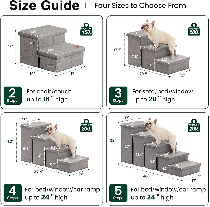 Love's cabin Dog Stairs for High Bed, Foldable Pet Stairs for Small Medium or Large Dogs Puppy with Storage for Bed or Couch, Cat Dog Steps Ramp with Zip up to 200 lbs, Solid Grey, 4 Steps