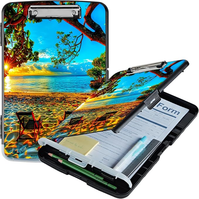 Beach Sunset A4 Clipboard with Storage Pen Holder, Clipboards Organizer Nursing Clipboard Foldable File Folder Plastic Clipboard Folio Clip Board for Office Students Classroom Doctor