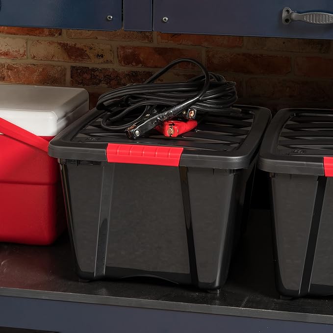 IRIS USA 6-Pack 32 Quart Storage Bins with Lids, Black | Black finish conceals stored items. Great for linens, décor, closet storage, and supplies. Nestable design saves space