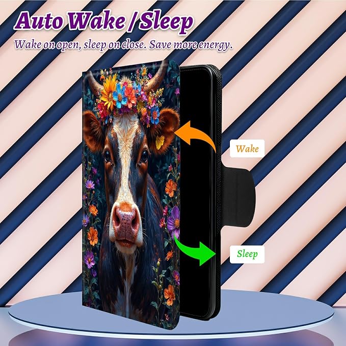 Rotating Handle Case for Samsung Galaxy Tab S8 Plus 2022/S7 FE 2021/S7 Plus 2020 12.4", 360 Degree Swivel Kickstand with Magnetic Closure Leather Protective Cover, Black White Cow Flower