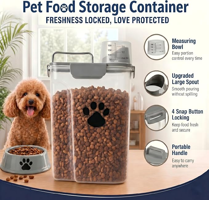 5-7Lbs Dog Cat Food Storage Container with cleaning brush | 4 Snap Seals,Portable Pet Food Containers with Upgraded Large Nozzle and Measuring Cup,Cats,Birds(Large-Grey)