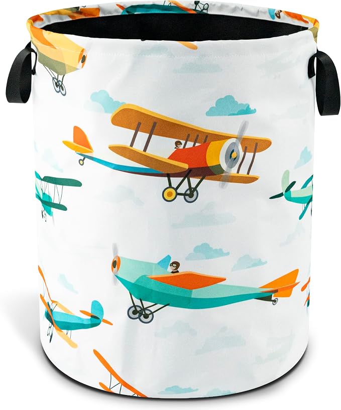 Airplane Cartoon Laundry Basket Foldable Waterproof Hamper 18.9 x 16.5 Inch | Oxford Cloth With Reinforced Handles Lining Design Large-Capacity Storage For Bathrooms/Laundry Rooms/ Living Rooms/Bedrooms