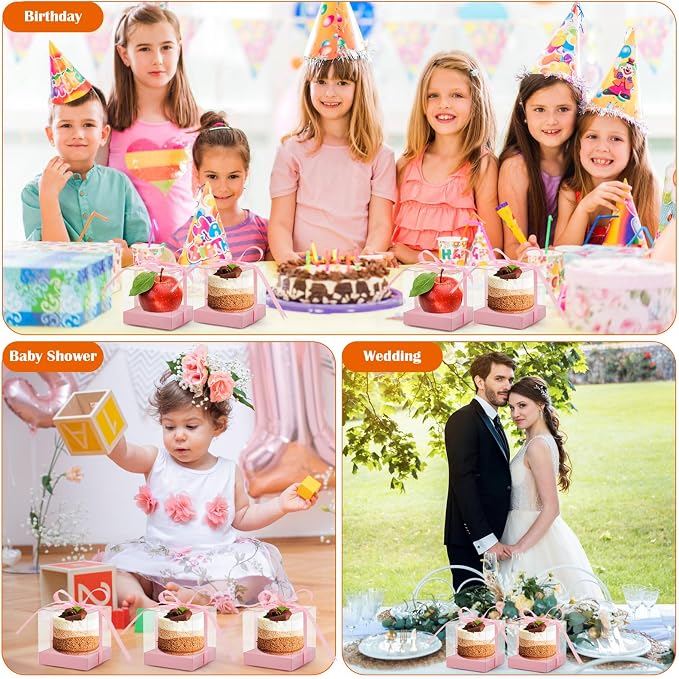 12 PCS Clear Cupcake Boxes 3.5 Inch Cupcake Containers (Pink) | Disposable Cupcake Carrier Plastic Individual Cupcake Storage Holder with Ribbons and Inserts for Wedding, Birthday Party