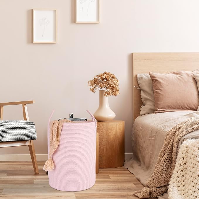 XUANGUO Cotton Rope Laundry Basket Hamper for Clothes Large Light Pink | Woven Storage Basket for Living Room Bedroom Boho Tall Rope Baskets for Blanket Toys Pillow Towels Baby Nursery Hamper Bin