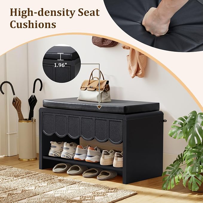 ORRD Shoe Storage Bench with Cushion, Shoe Rack Organizer Cabinet Bench with Wave Panel Drawer and Open Shelf for Entryway, Hallway, Living Room (Black)