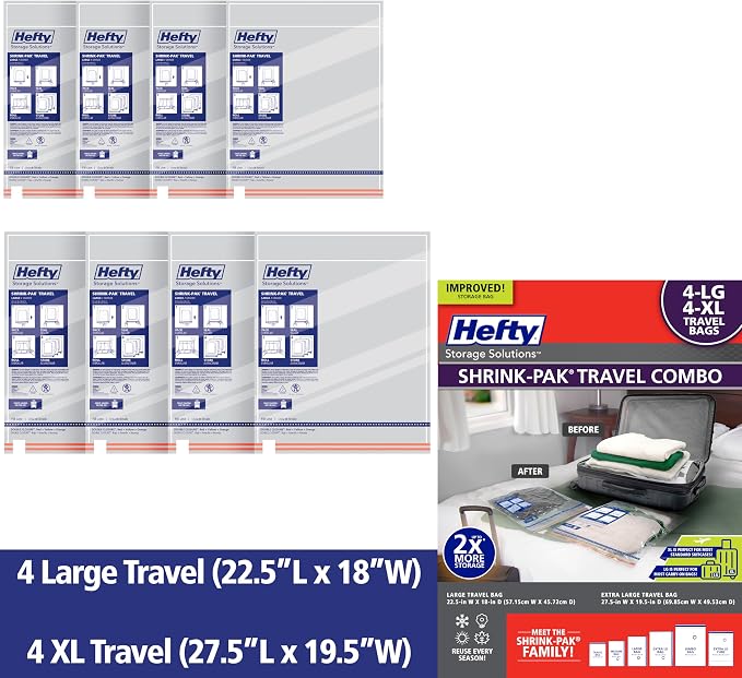 Hefty Shrink-Pak Travel Storage Bags – For Clothes, Pillows, Towels, Blankets & More – Space Saver Suction Sealer Bags for Luggage or Moving – 4 Large, 22.5x18 Inches, 4 XL, 27.5x 19.5 Inches