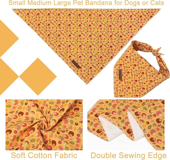Fall Dog Bandana, UP URARA PUP Puppy Bandana for Small,Medium Dog, Hedgehog Mushroom Cotton Triangle Bid Scarf Dog, Pet Kerchief for Girl Boy Dogs or Cats, Fancy Fall Classic Dog Bid Scarf