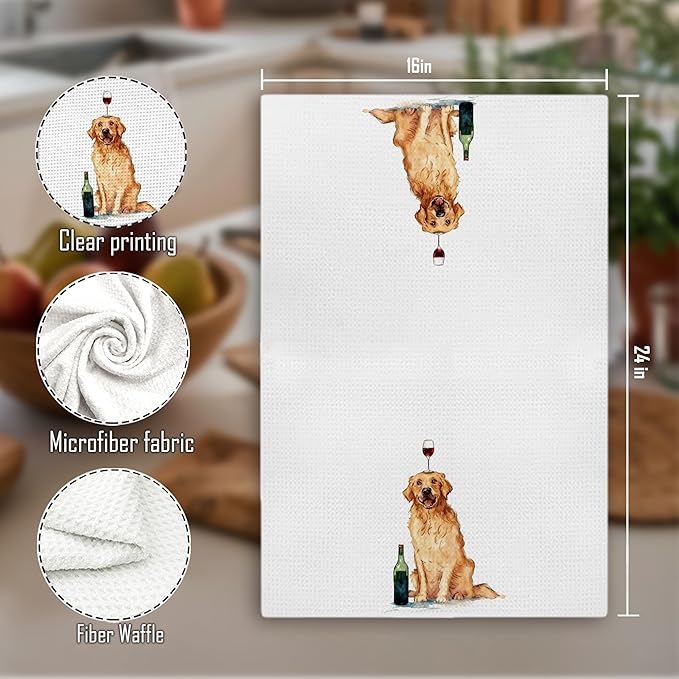 Funny Wine Golden Retriever Decorative Kitchen Towels, Gifts for Golden Retriever and Wine Lovers, Hand & Tea Towels for Bar Cart, Dog Mom and Dad Gifts Dish Towel Dishcloth, 16x24 Inch