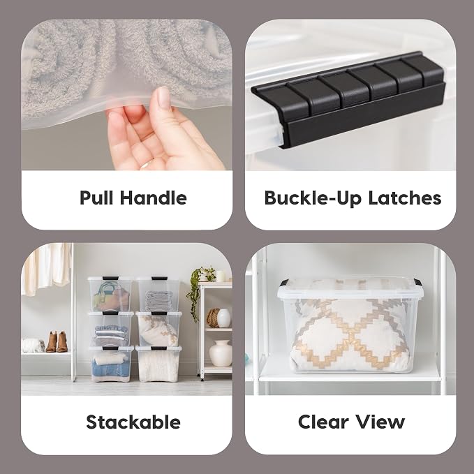 IRIS USA 4-Pack 40 Quart Storage Bins with Lids, Clear | Transparent design makes contents easy to find. Perfect for moving, blankets, clothing, and garage storage. Nestable design
