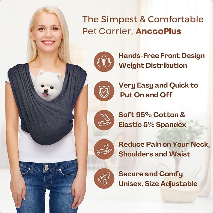 AnccoPlus Small Dog Sling Carrier, Hands-Free, Charcoal Black, Plus | Patented Front Carrier Reduces Back and Neck Strain; Adjustable, Soft Cotton, 3D Air Mesh for Puppies & Cats up to 20 lb