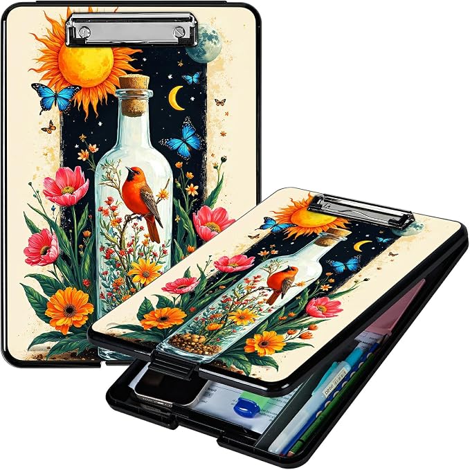 Heavy Duty Storage Clipboard, Slim Nursing Clipboard with Internal Pen Case, Portable File Organizer Case for A4 Letter Size Paper Office Medical Professionals, Drift Bottle Flowers