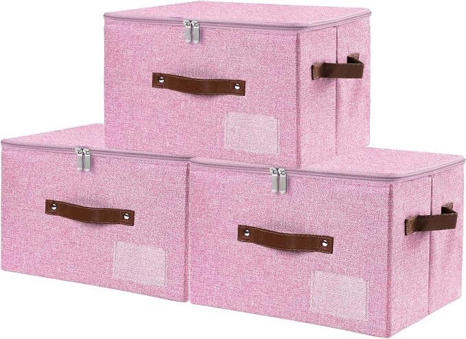 ANMINY Storage Box Fabric Bins with Zipper Lid, 15"x10"x10" Pink 3PCS | Keepsake Box, Decorative, Cotton Linen, Reinforced PP Board Frame, Washable, Stackable & Foldable, Label Holder & PU Handles